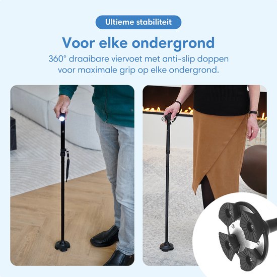 Zwarte wandelstokken in gebruik, met gedetailleerde foto van de 360° draaibare voet.