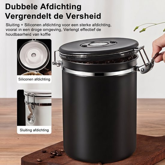 Demonstratie van de dubbele afdichting en sluiting van de zwarte RVS koffiebewaarpot, met close-ups van de siliconen en sluiting.