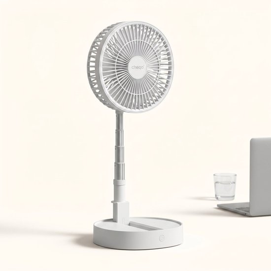 Cheqo opvouwbare ventilator draadloos USB oplaadbaar, draagbaar, stille tafelventilator met 3 snelheden, verstelbaar wit