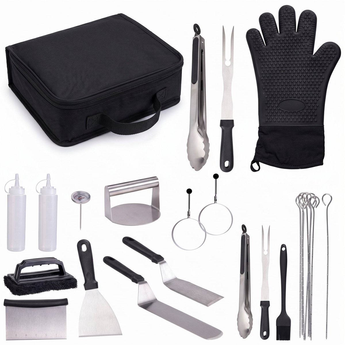Cheqo® BBQ Accessoires Set van 24 - Barbecue Gereedschapset met Draagtas - BBQ Gereedschap - Barbecue Tang - Vlees Thermometer - Grillset - BBQ Handschoen - Spatel - Vleesmes - Vleesvork - BBQ Borstel - Complete Barbecue Accessoires Set