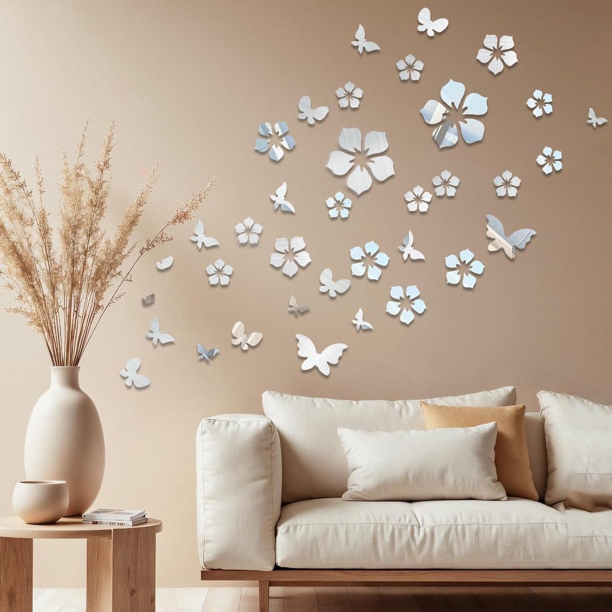 Decoratieve Spiegel Wandstickers - 36 Stuks Vlinder en Bloem Design, Zelfklevende Acryl Spiegels voor Slaapkamer, Badkamer, Woonkamer en Gym Decoratie