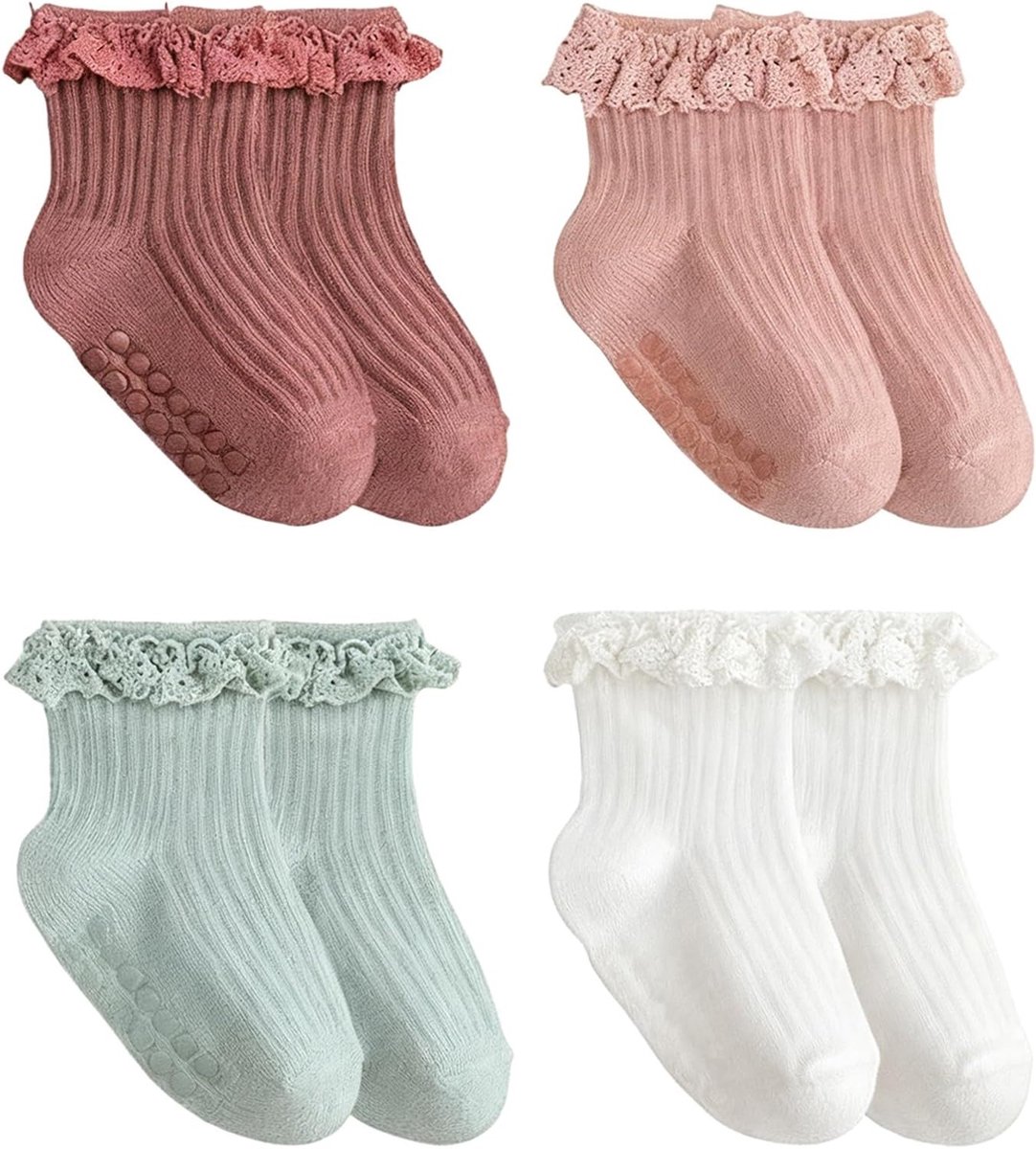 4 Paar Baby Sokken voor Meisjes 0-6 Maanden, Antislip Rimpelsokken, Ademend en Comfortabel - Ideaal voor Doop, Dagelijks Gebruik of Cadeau