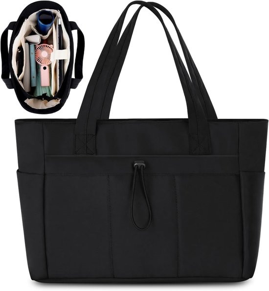 Sac fourre-tout matelassé noir avec de nombreuses poches et poignées.