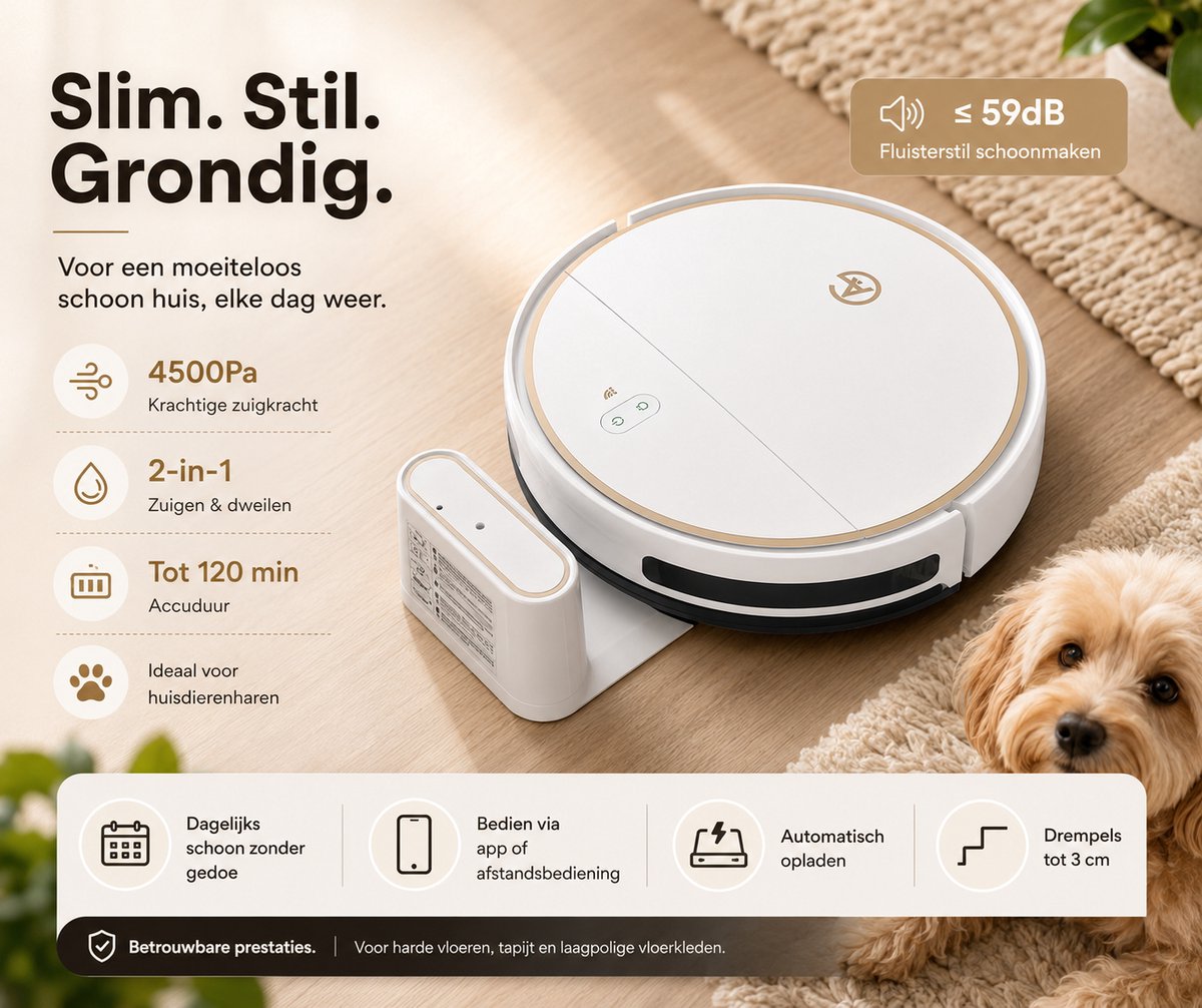 AG6000 Robotstofzuiger met Dweilfunctie – Robotstofzuiger met App & Afstandsbediening – Sterke Zuigkracht – Geschikt voor Huisdierenharen – Automatisch Oplaadstation – 120 Min Accu – Dweilrobot & Robotstofzuiger – Navigatie – 2500mAh – White Gold — afbeelding 2