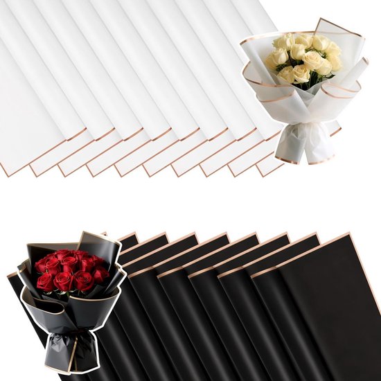 Foto: Minimalistisch wit en zwart papieren boeket 20 stuks 58 x 58 cm waterdicht cadeaupapier met gouden rand perfect voor cadeauverpakking en decoratie