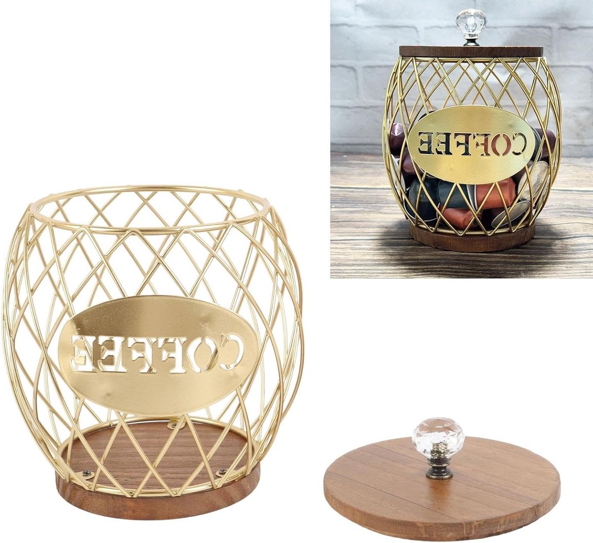 Koffiecapsulehouder met houten basis en deksel - Klassieke opbergmand voor koffiepods en theezakjes, ideaal voor een georganiseerde keuken en koffiebar