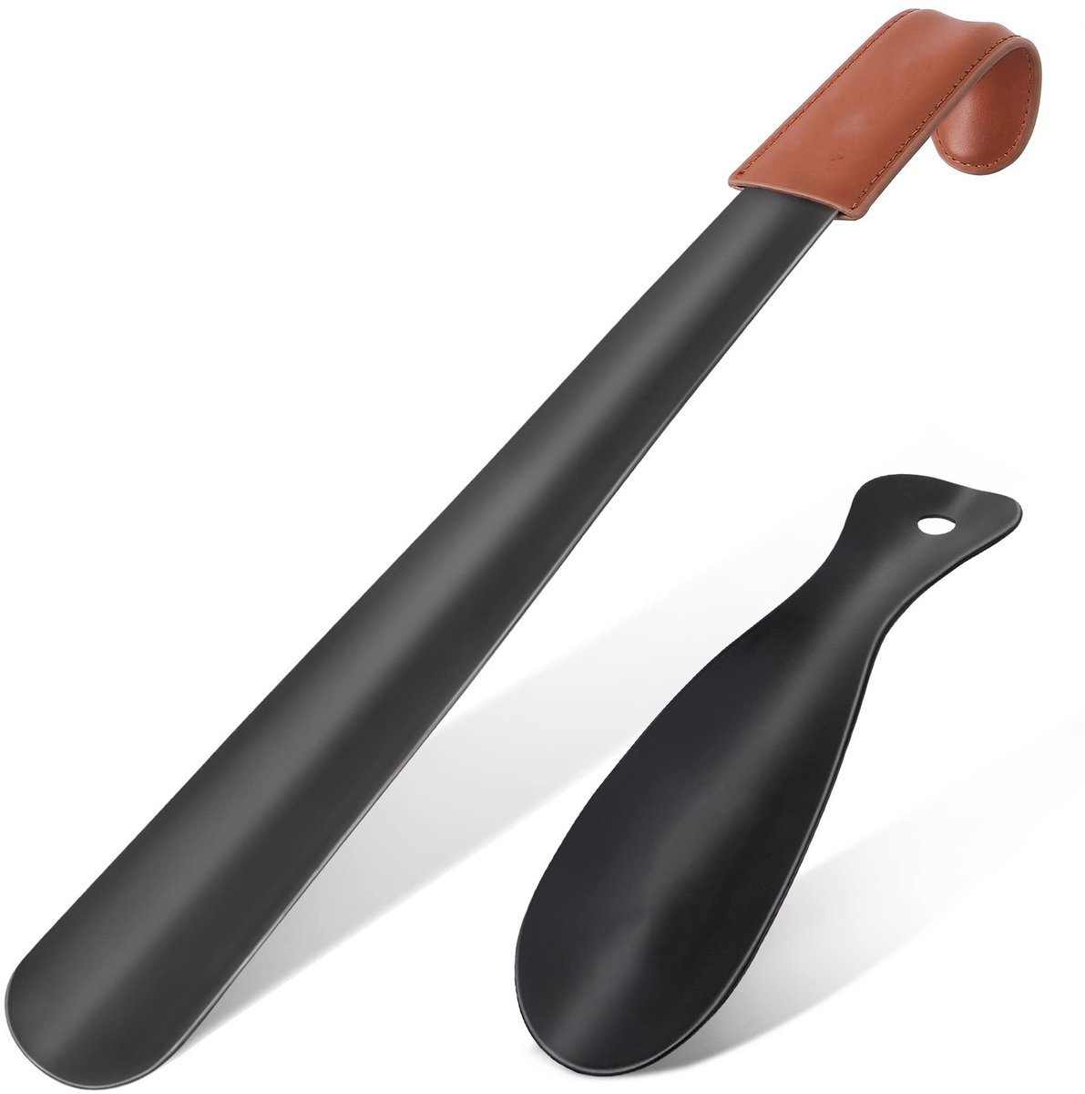 2 Stuks Schoenlepel - RVS Duurzaam en extra sterk - Lang 41cm en Kort 19cm - Zelfhulp - Metaal - Schoen Lepel - Hulpmiddelen voor Ouderen - Zwart met Bruin Leren Handvat - LOUZIR
