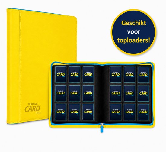 TradingCardPro® Toploader Verzamelmap met Ritssluiting - Geschikt voor Pokemon kaarten – 288 Kaarten – 16 pagina’s – 9 Pocket - Binder – Geel met blauwe details
