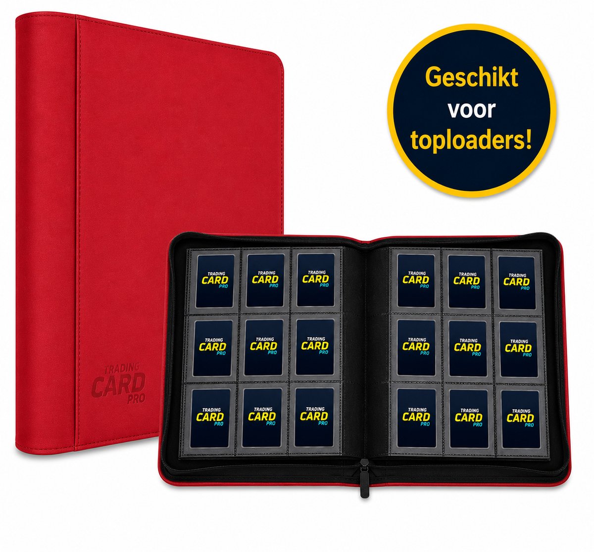 TradingCardPro® Toploader Verzamelmap met Ritssluiting - Geschikt voor Pokemon kaarten – 288 Kaarten – 18 pagina’s – 9 Pocket - Binder – Rood