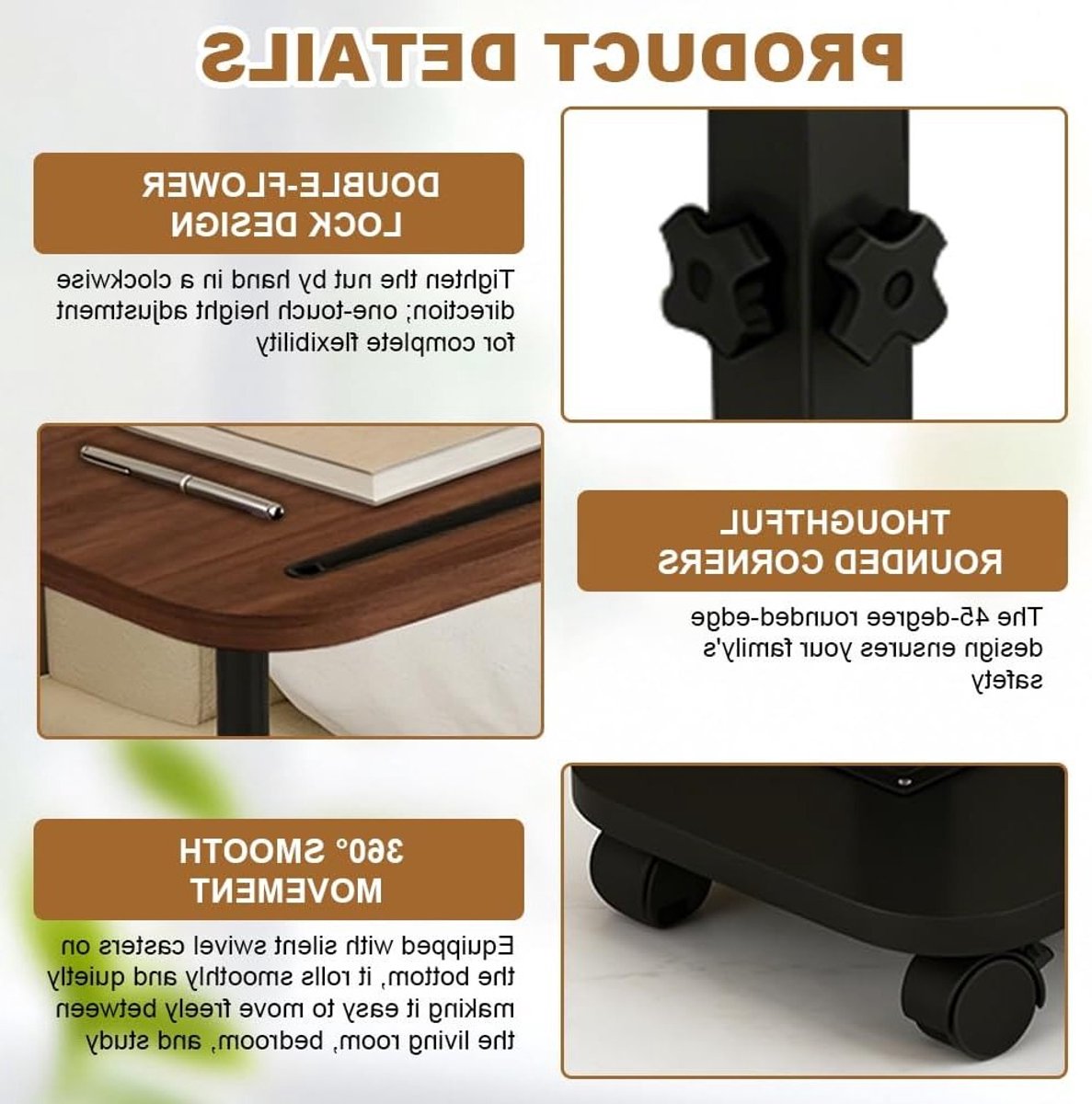 Verstelbare C-vormige Bijzettafel met Wielen en 360° Rotatie voor de Woonkamer, Ideaal als