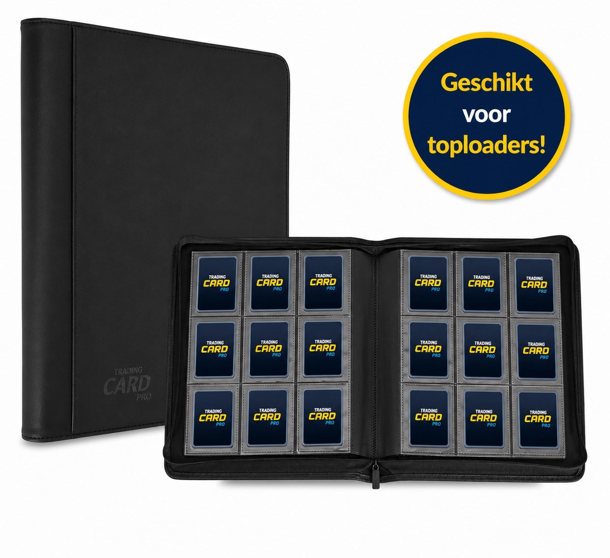 TradingCardPro® Toploader Verzamelmap met Ritssluiting - Geschikt voor Pokemon kaarten – 288 Kaarten – 18 pagina’s – 9 Pocket - Binder – Zwart