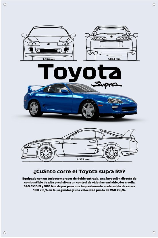 Toyota Supra RZ Technische Infographic - Tuinposter - 60x90 cm - Buitenposter - Schuttingdoek - Tuinschilderij voor buiten - Supra RZ