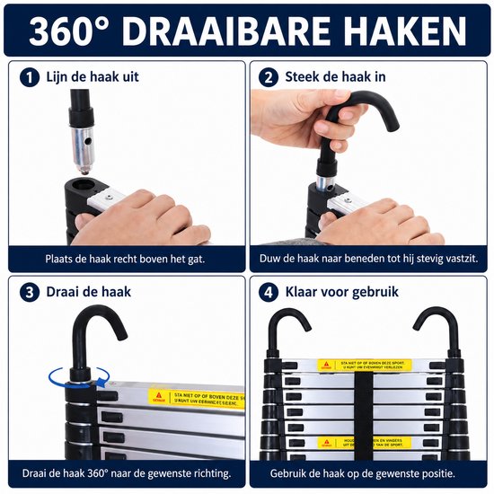 Stapsgewijze instructies voor 360° draaibare haken met een aluminium ladder.