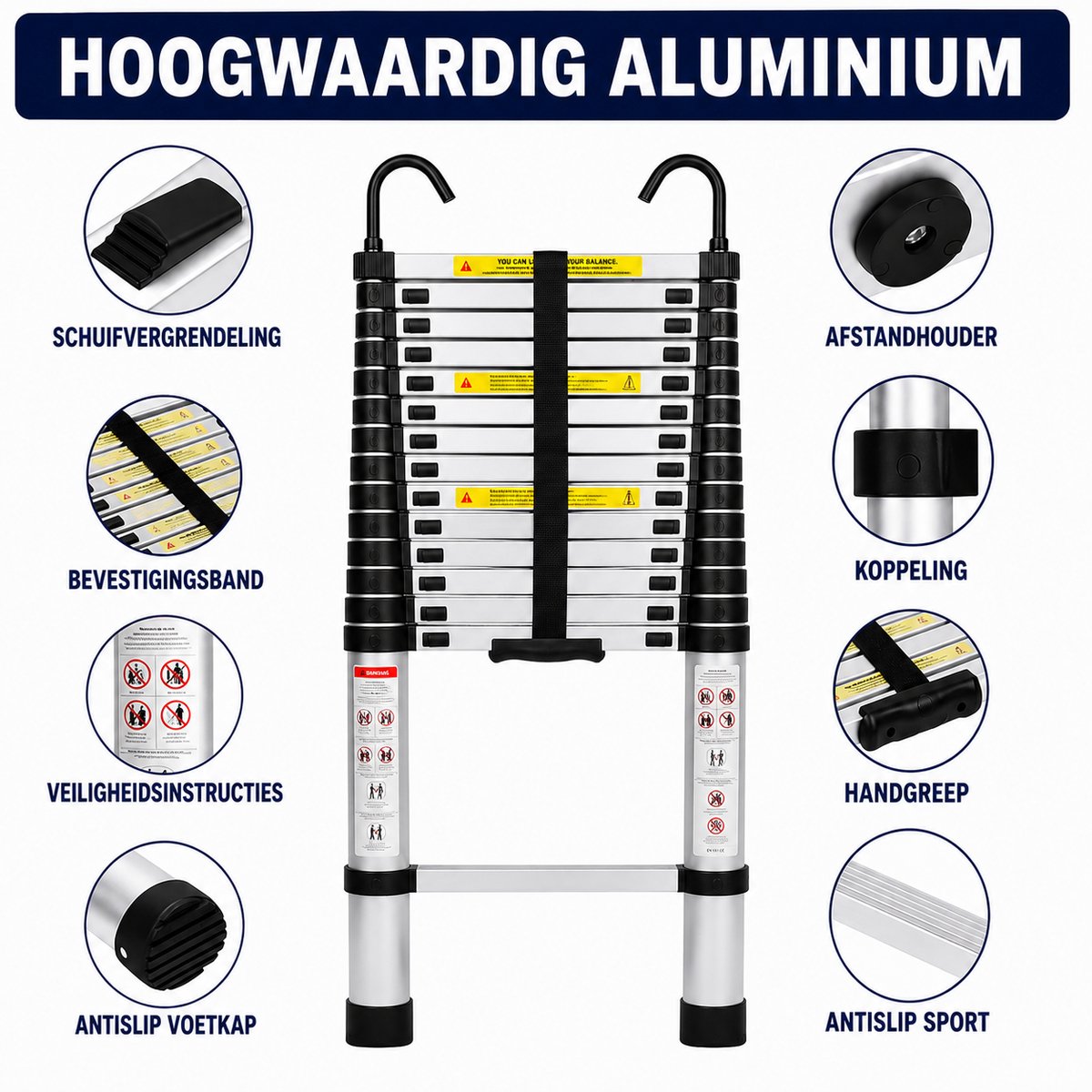 Rolu Telescoopladder – Uitschuifbare Ladder – 6.2 Meter – Makkelijk Opruimbaar – Max 150kg – Aluminium – foto 3