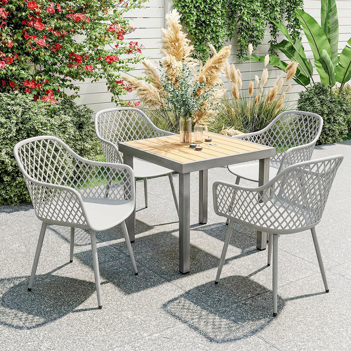 Pugsdrly Tuinstoel 4-delige set UV-bestendige tuinstoelen van kunststof met armleuningen en rugleuning 56 x 51 x 84 cm Grijs