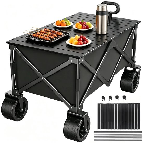 Opvouwbare Bolderkar met Tafelblad - 150L - 250KG Draagkracht - Camping & Strandwagen - Zwart van Merkloos — afbeelding 2