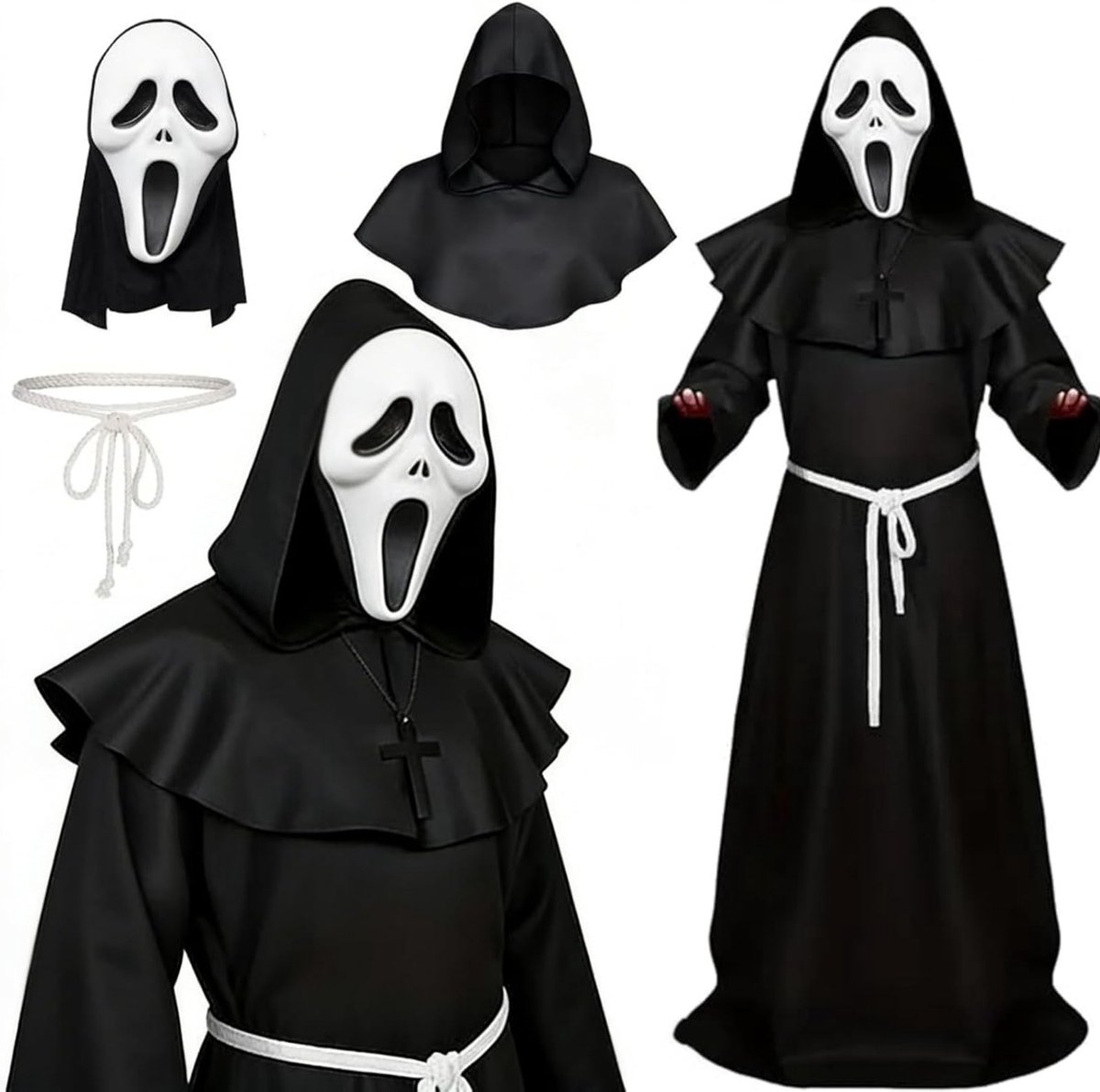 Middeleeuwse monnik kostuum voor volwassenen - 5-delige Halloween outfit met cape, kap, gewaad, kruis en linnen tailleband voor carnaval en cosplay feestjes