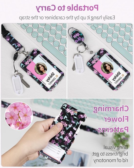 Floral Sliding Badge Holder met Roze Bloemen, Retractable Badge Reel, Carabiner Clip en Afneembare Lanyard Strap voor Professioneel Gebruik — afbeelding 5