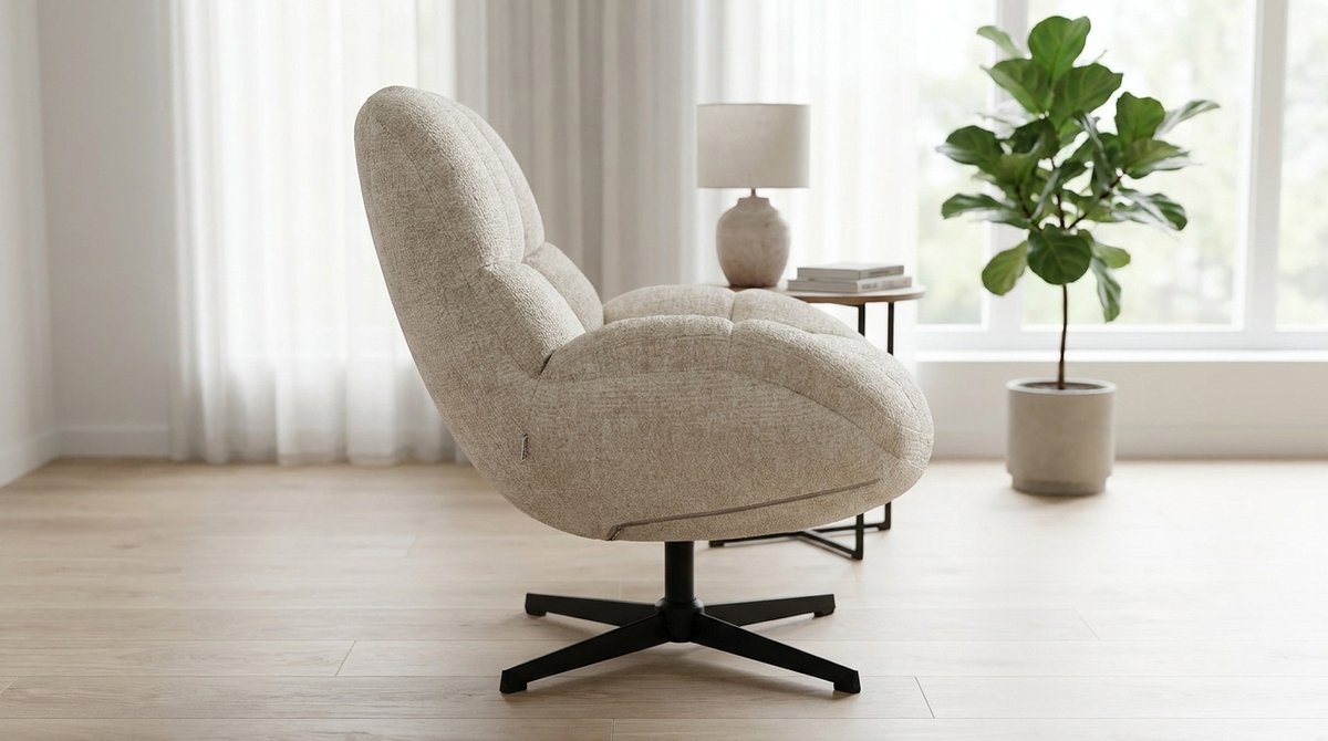 Draaifauteuil Huxley Luxe Lounge Stoel 76x86x92 cm – Naturel Elite Chenille – 360° Design Fauteuil met Zwart Metalen Onderstel – House&Garden