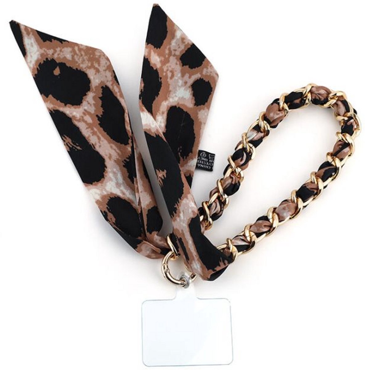 Telefoonkoord - Leopard - Met sjaaltje - Dames - Goudkleur schakels - Stainless steel - 35,5 cm
