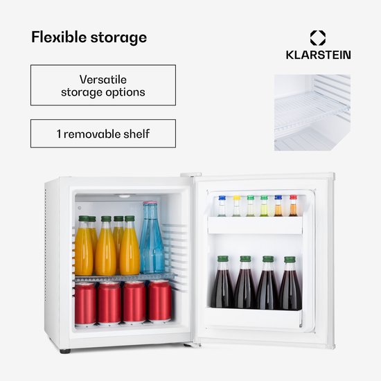 Klarstein Minibar minikoelkast voor op de kamer, 30 liter minikoelkast voor drankjes en cosmetica, kleine , kleine en stille koelkast, verstelbare planken, kleine huidverzorgingskoelkast 5-15 °C - 25 dB - voor Hotelkamer voor Partykelder van Klarstein — afbeelding 4