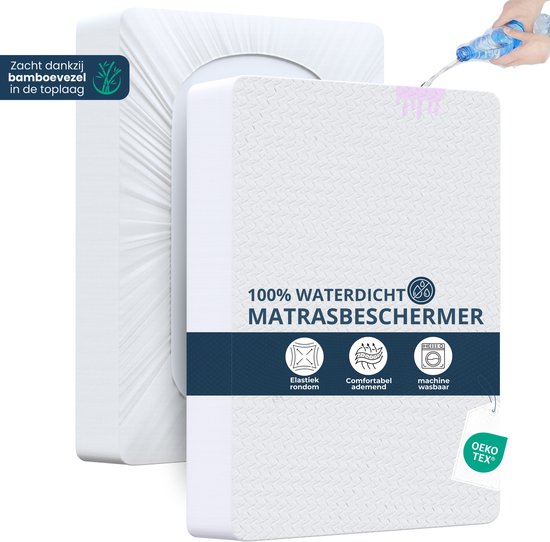 Witte matrasbeschermer met bamboe toplaag. Waterdicht en wasbaar, met elastiek.