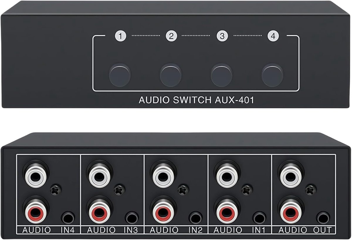 carmdering - RCA Audio Switcher - Cinch Schakelaar - Analoge Stereo Selector - 4-in-1 Signaal Routing - Verliesvrije Geluidskwaliteit - Aluminiumlegering Behuizing - Compact Plug-and-Play Ontwerp - Universele Compatibiliteit - 1 Stuk