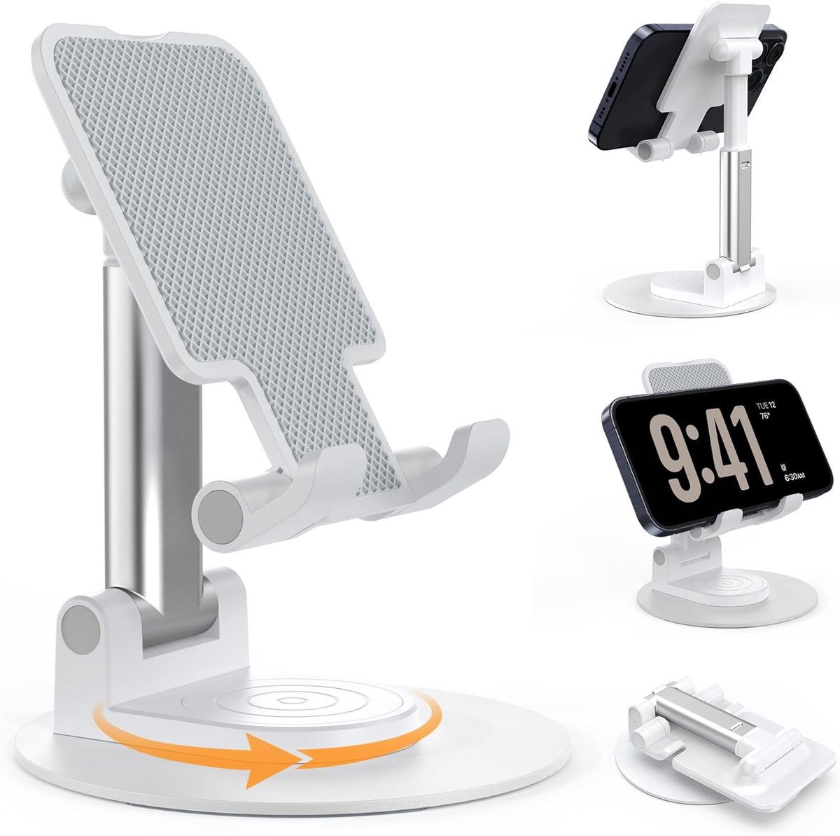carmdering - Verstelbare Telefoonhouder - Verstelbare Smartphone Standaard - Bureau Tablet Stand - 360° Draaibare Voet - 0-130° Hoekinstelling - Aluminiumlegering En PC-ABS - Anti Slip Bescherming - Ideaal Voor Video Bellen En Laden -Wit- 1 Stuk