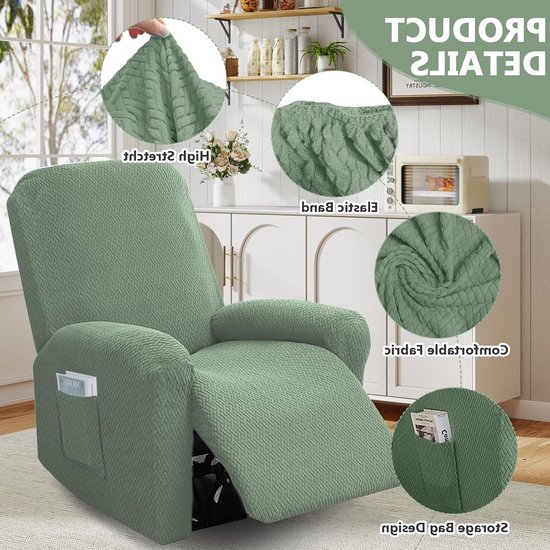 Verstelbare Stoelhoes voor Relaxfauteuil, 1-Zit, Elastische 4-Delige Hoes met Afneembare Zijzakken en Bescherming tegen Vlekken en Stof — afbeelding 2