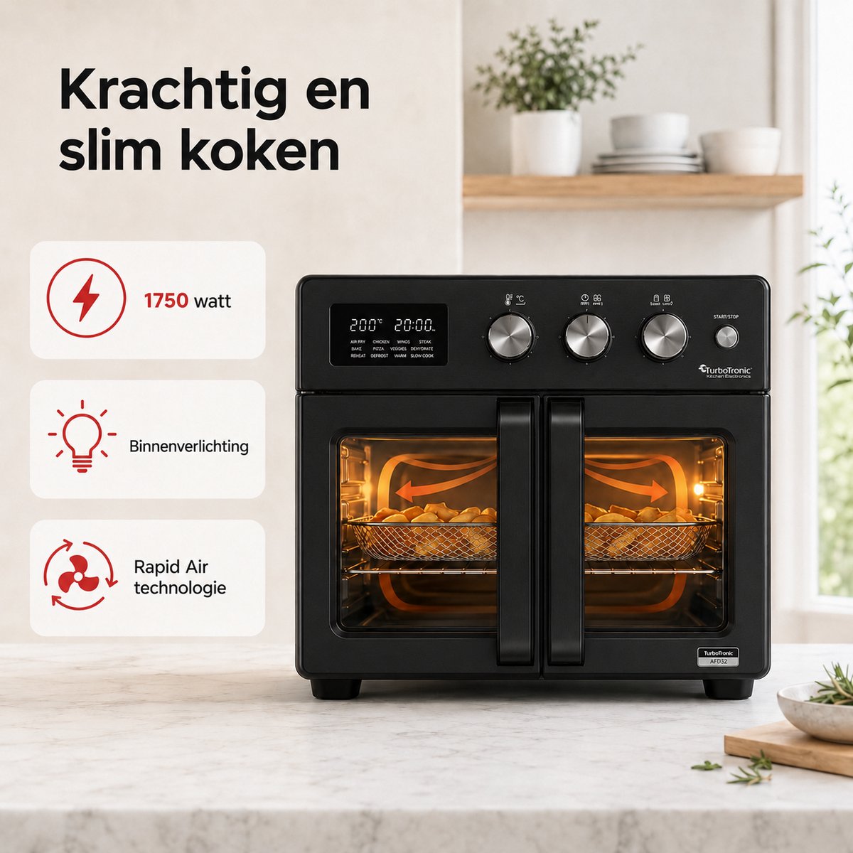 TurboTronic AFD32 Airfryer XXL en Oven – 12 Kookprogramma's – Vrijstaande Mini Oven – Instelbaar van 25 tot 230°C - 32L - Zwart – foto 7