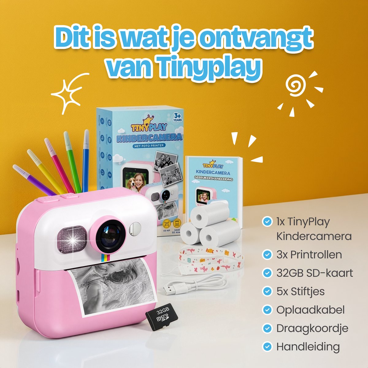TinyPlay Kindercamera met foto printer - 48MP - Digitale Camera Kinderen - 32GB SD kaart - Full HD Foto en Video - Spelletjes - Fotoprinter - Kinder camera - Digitale kindercamera - Roze – foto 3