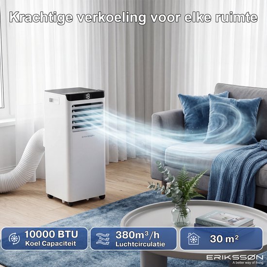 Mobiele airco 10.000 BTU in woonkamer. Krachtige koeling, 380m³/u luchtcirculatie, geschikt voor 30m².