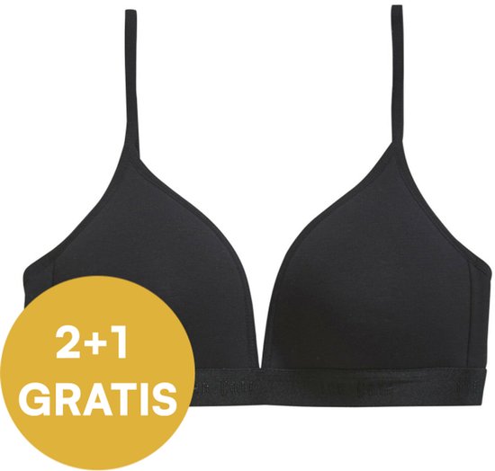 Zwarte voorgevormde bh van Ten Cate met verstelbare bandjes en merklogo op de band. "2+1 GRATIS" cirkel overlay.