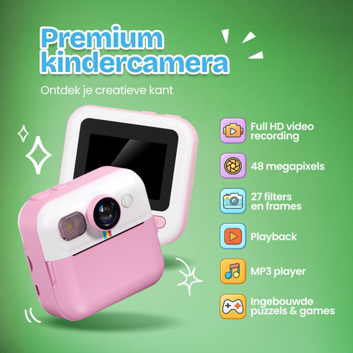 TinyPlay Kindercamera met foto printer - 48MP - Digitale Camera Kinderen - 32GB SD kaart - Full HD Foto en Video - Spelletjes - Fotoprinter - Kinder camera - Digitale kindercamera - Roze – foto 7