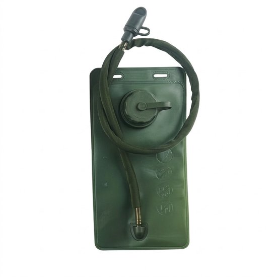 Groen 2 liter drinkwaterreservoir met gedraaide slang en draaidop, met maatstreepjes en iconen erop.
