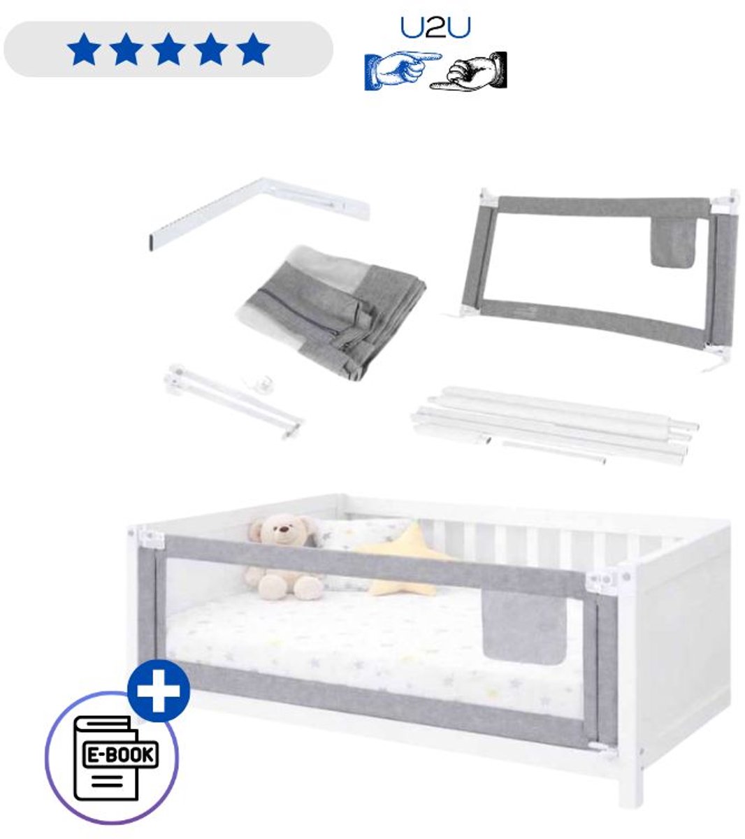 Bedhek Veiligheidsrek 200 CM Grijs – Verstelbare Bedrail Met Veiligheidsslot En Metalen Frame Kinder Bedbeschermer Met Polyester Mesh Voor Boxspring Ledikant En Kinderbed Met Ebook