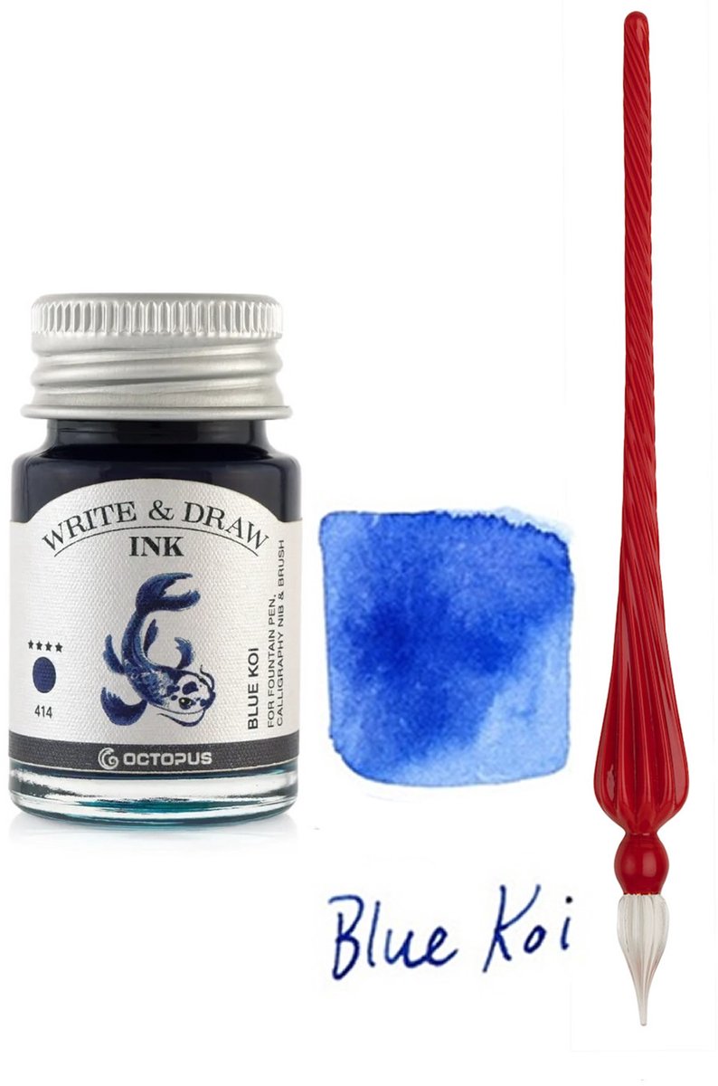 Glazen dip pen set in doosje - Rood - Potje Octopus inkt blauw-blue koi