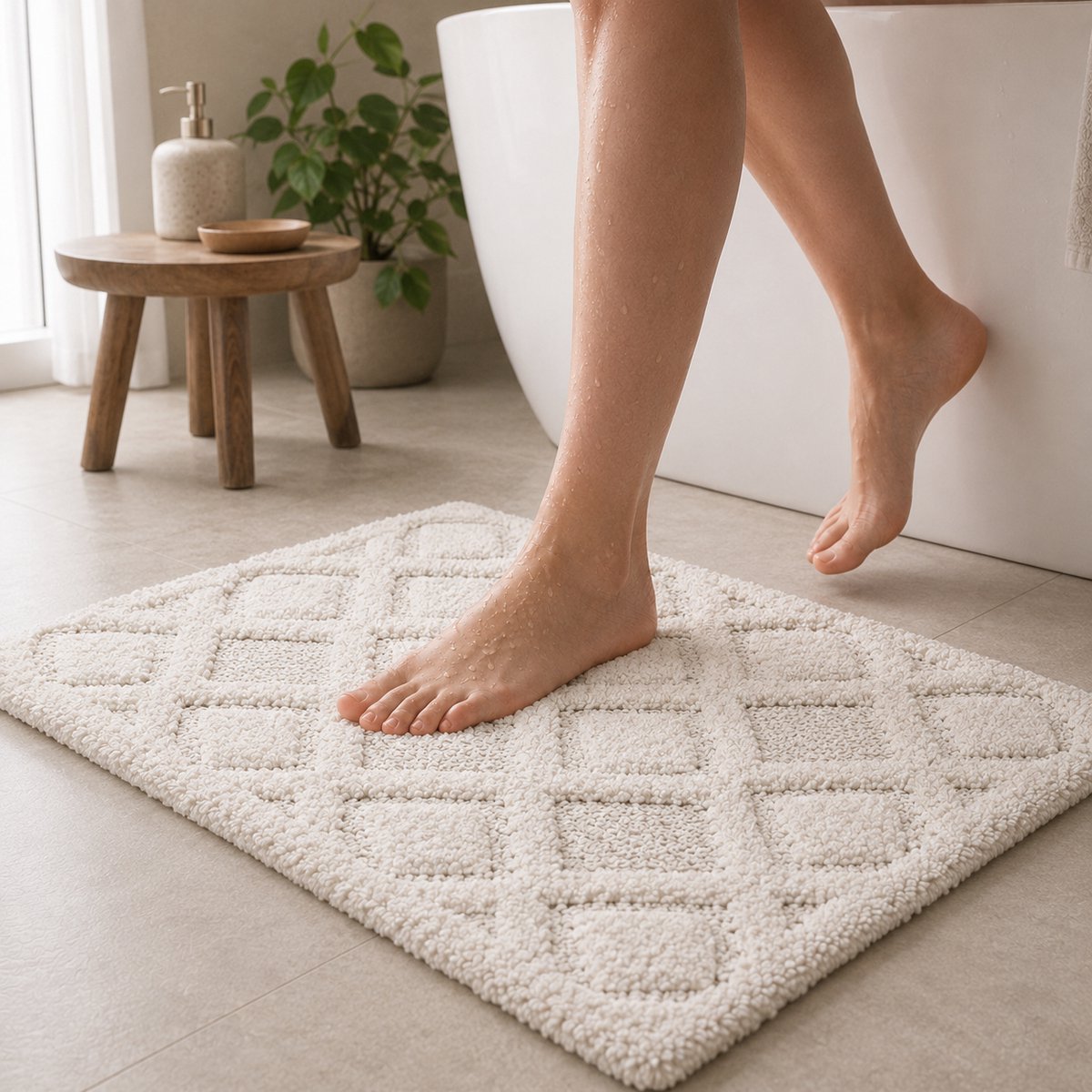 By Viento Luxe Katoenen Badmat 50 x 80 cm – Zacht & Hoog Absorberend – Wit/Crème – Geometrisch Patroon – Hotel Kwaliteit