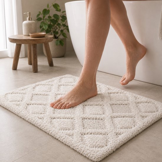 By Viento Luxe Katoenen Badmat 50 x 80 cm – Zacht & Hoog Absorberend – Wit/Crème – Geometrisch Patroon – Hotel Kwaliteit
