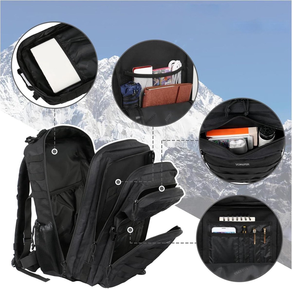 YOREPEK Tactical Rugzak 45L Zwart - Militaire Backpack voor Dames & Heren - Waterafstotende MOLLE Wandelrugzak met 17 Inch Laptopvak - Army Bag voor Outdoor, Camping, Hiking, Survival, Reizen & Fitness – foto 4