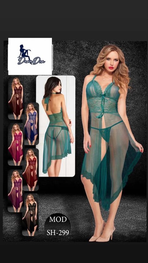 Turquoise lingerie set met kant, V-hals en split rok. Model SH-299.