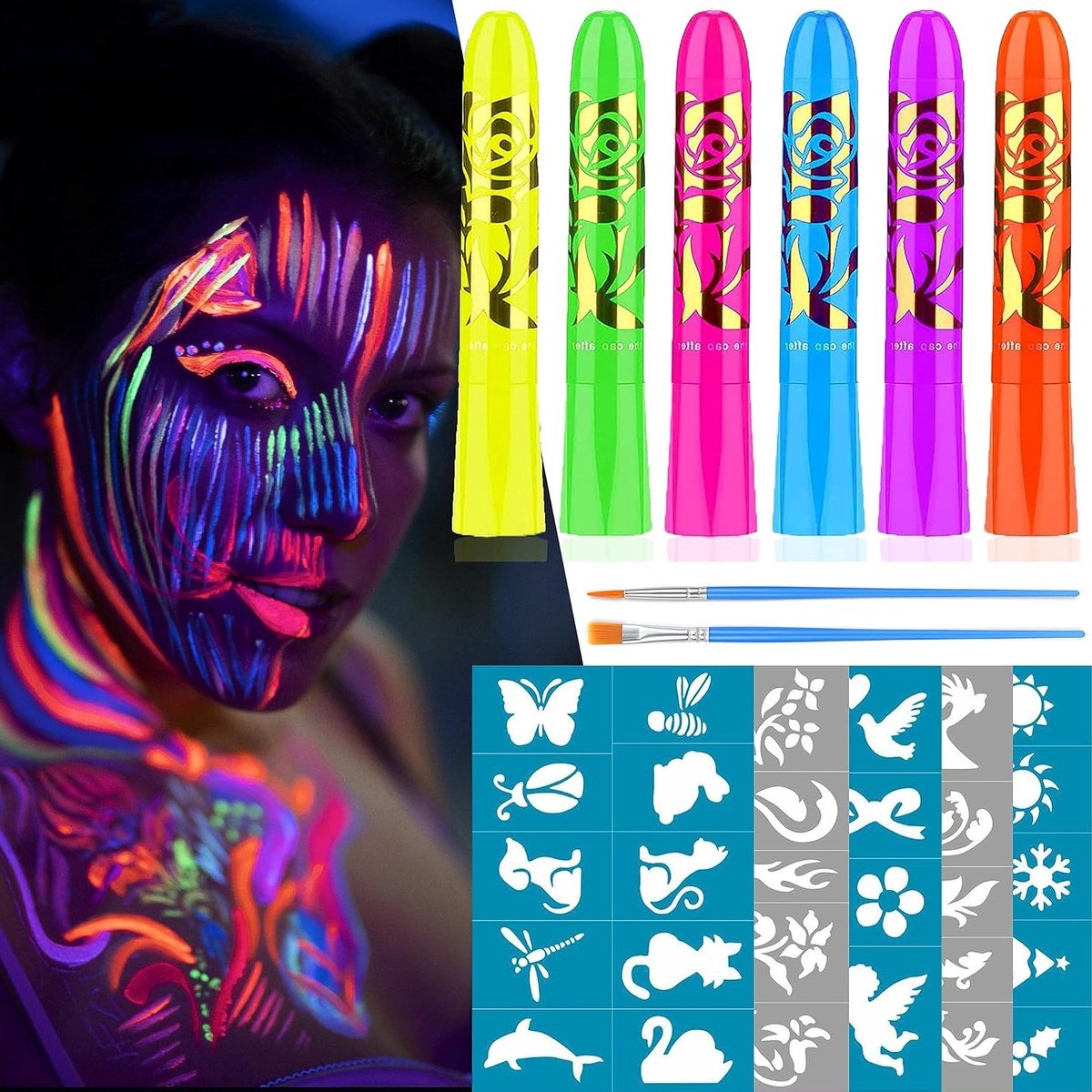 Neon Gezichtsverf Set van 6 Kleuren Hypoallergeen UV-bestendig Wasbaar en Niet Giftig voor Halloween en Carnaval Feestjes