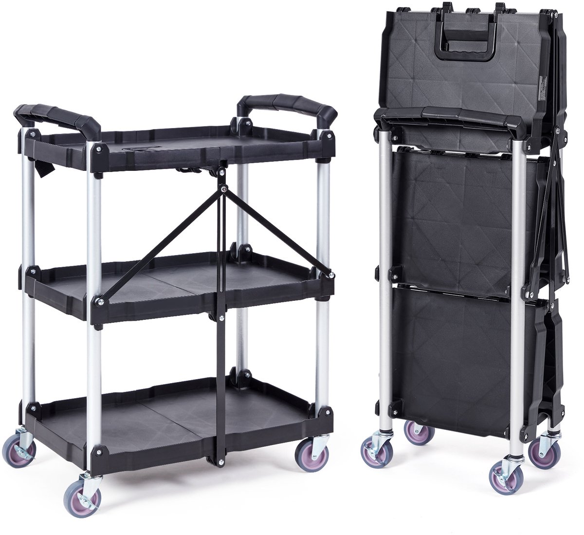 Opvouwbare Rolwagen met 3 Planken en Vergrendelbare Zwenkwielen - 75 kg Draagvermogen per Plank - Inklapbaar tot 17 cm Breed - Roestbestendig Polypropyleen - Serveerwagen voor Keuken Badkamer Garage en Magazijn - Zwart