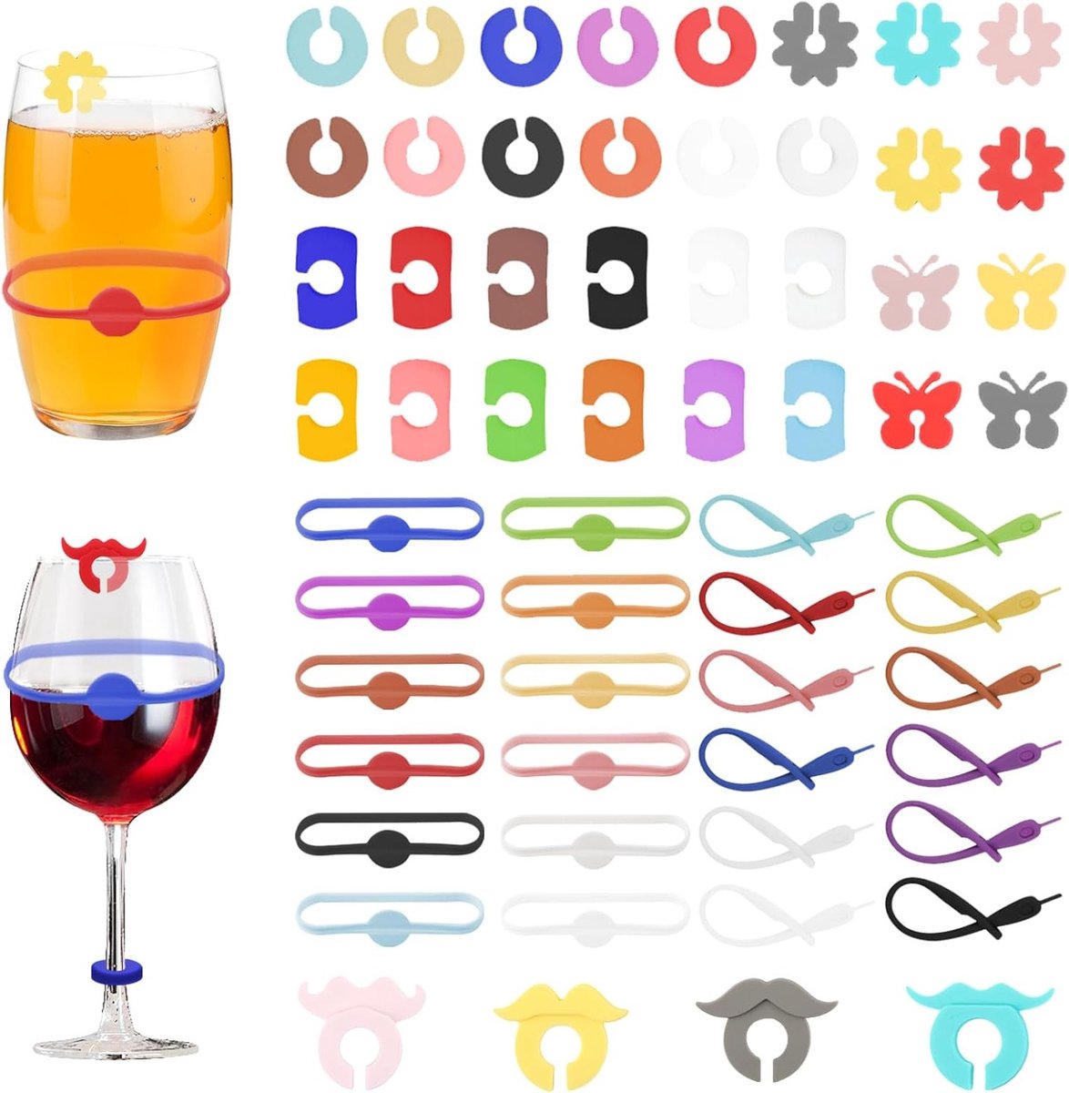 Kleurrijke Glazenmarkers voor Drinkglazen - 63 Stuks Silicone Markers voor Wijn, Champagne en Cocktails - Perfect voor Feestjes en Evenementen
