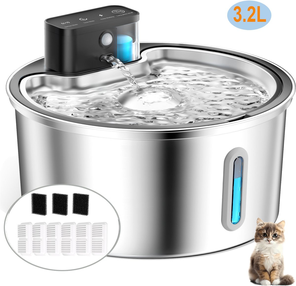 PawPoll® Drinkfontein Kat en Hond - RVS - Draadloze met Sensor - Waterfontein - 3.2L - Waterautomaat - Drinkbak Kat - Waterdispenser - Incl. 6 Filters en cleaning tool - Muisstil
