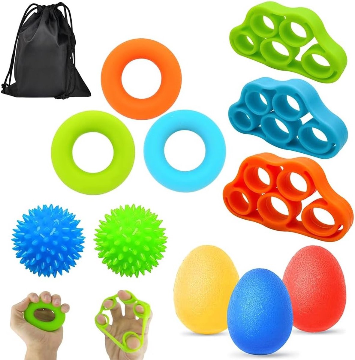 Handtrainingsballen Set van 11 Stuks, Vingertrainer voor Handtherapie, Zachte Ballen met 3 Sterktes voor Spierversterking en Revalidatie