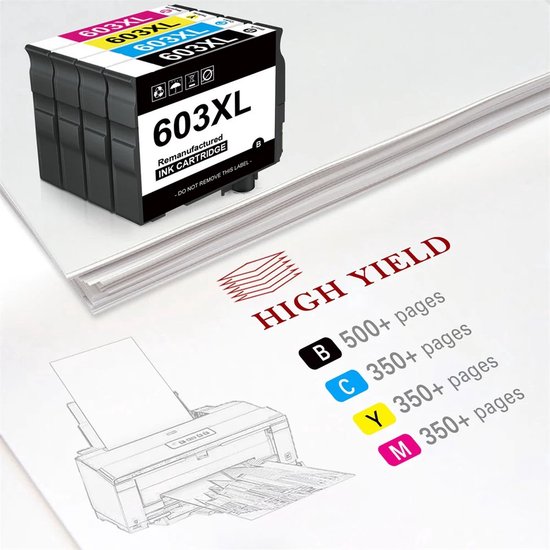 Zwarte 603XL inktcartridge naast een stapel papier en schets van een printer. Tekst: "HIGH YIELD"