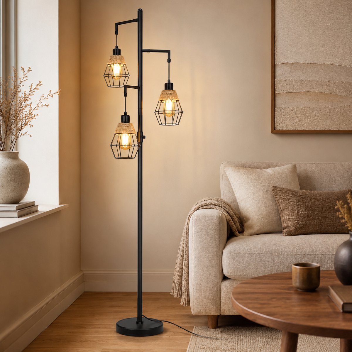 Rosnek Moderne Industriële Staande Lamp - 3 Dimbare Kooikappen - 175 cm Hoog - Traploos Dimbaar - Incl. 3x E27 LED-lampen - Voor Woonkamer, Slaapkamer & Kantoor