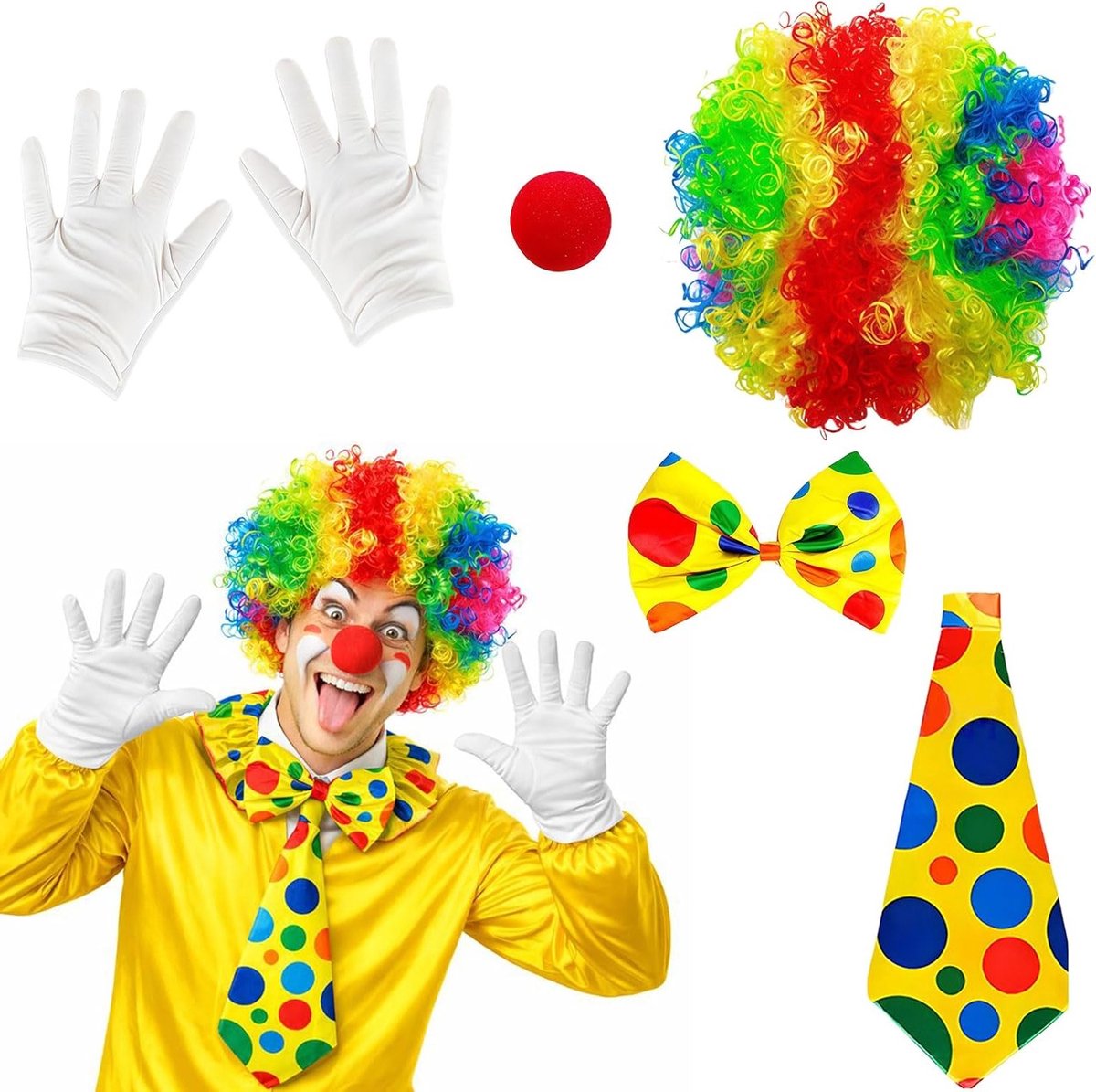 Set van 5 Regenboog Clown Kostuum Accessoires met Periode, Neus, Handschoenen en Strik voor Volwassenen - Perfect voor Halloween Feest en Theatrale Optredens