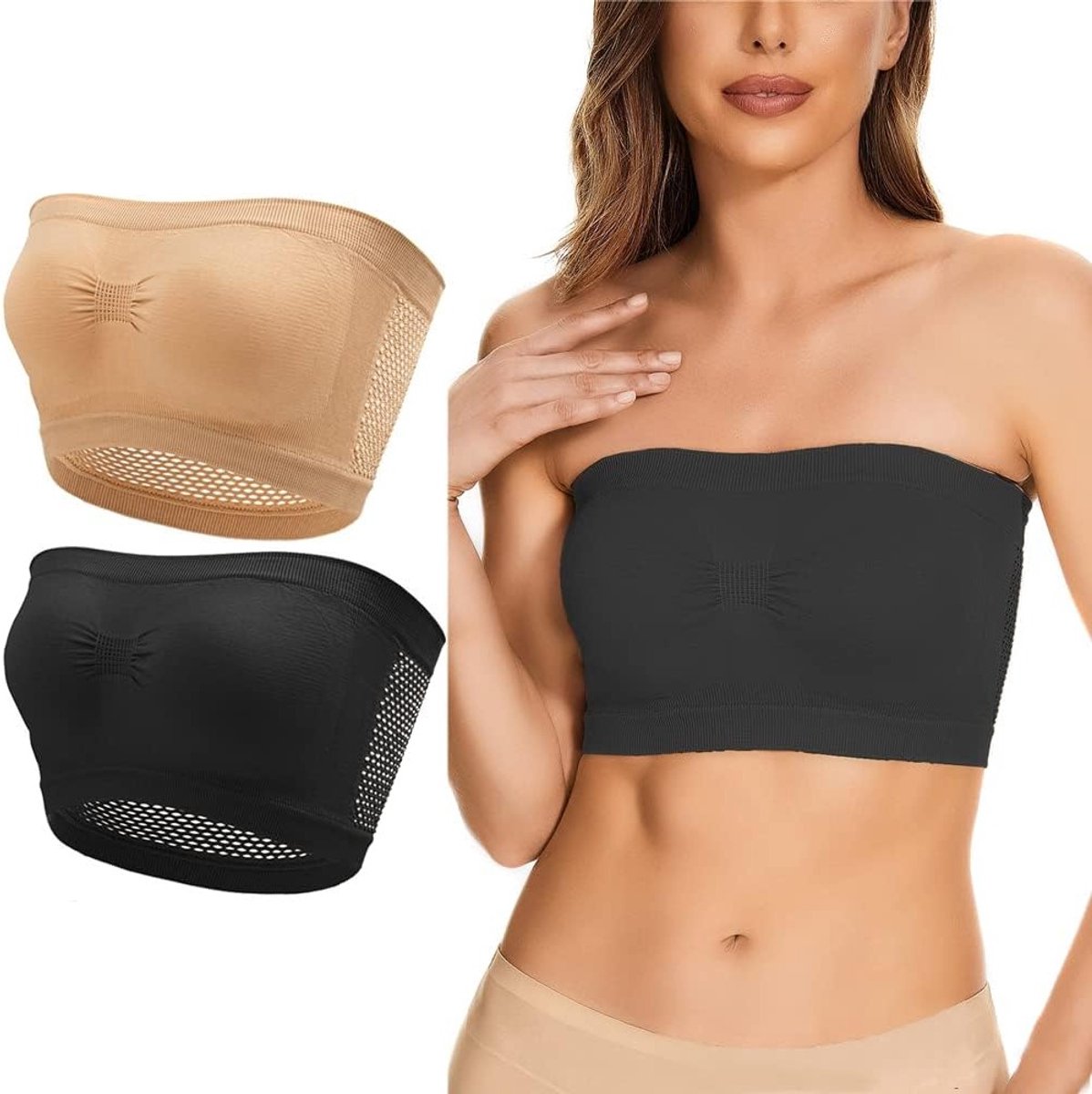 Set van 2 Bandeau Bh's voor Dames, Strapless en Ademend, Niet Gevoerd, Geschikt voor M-2XL, Zwart en Nude